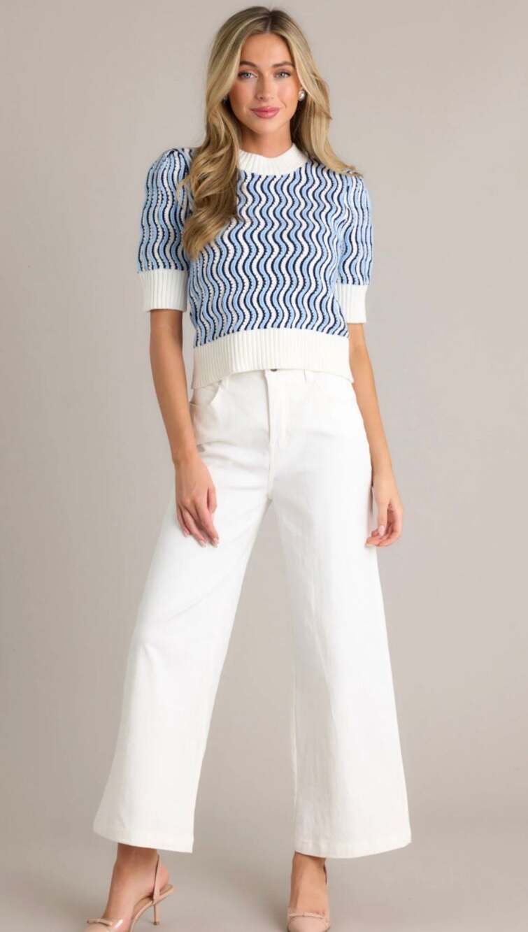 THML Blue & White Short Sleeve Crewneck Sweater